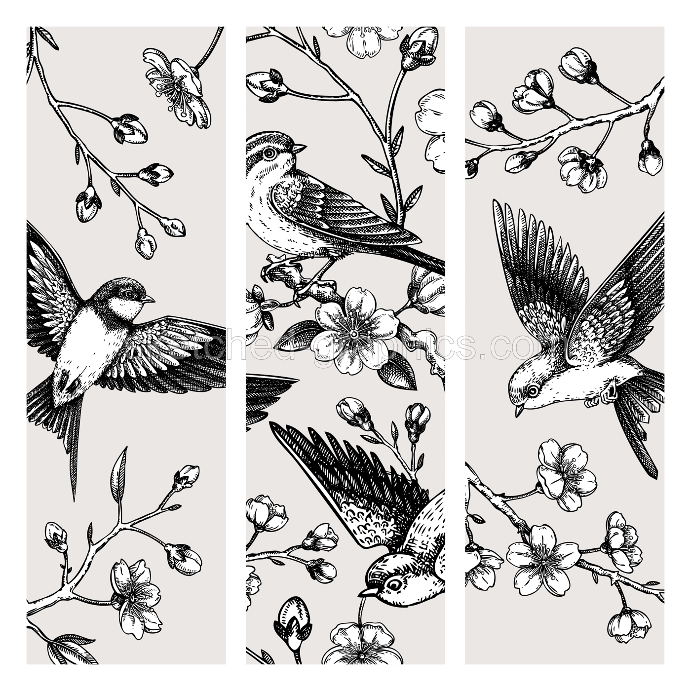 Hand drawn spring bookmark design. Cherry blossom and flying bird sketch illustration. Japanese style template for printNOT AI generated Illustration